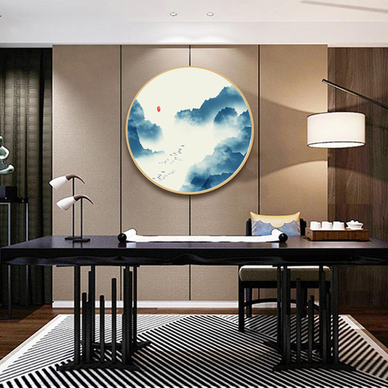 新中式圆形装饰画客厅水墨画沙发背景墙实木框玄关画背有靠山挂画,淘宝优惠券,粉丝福利购,淘宝优惠卷