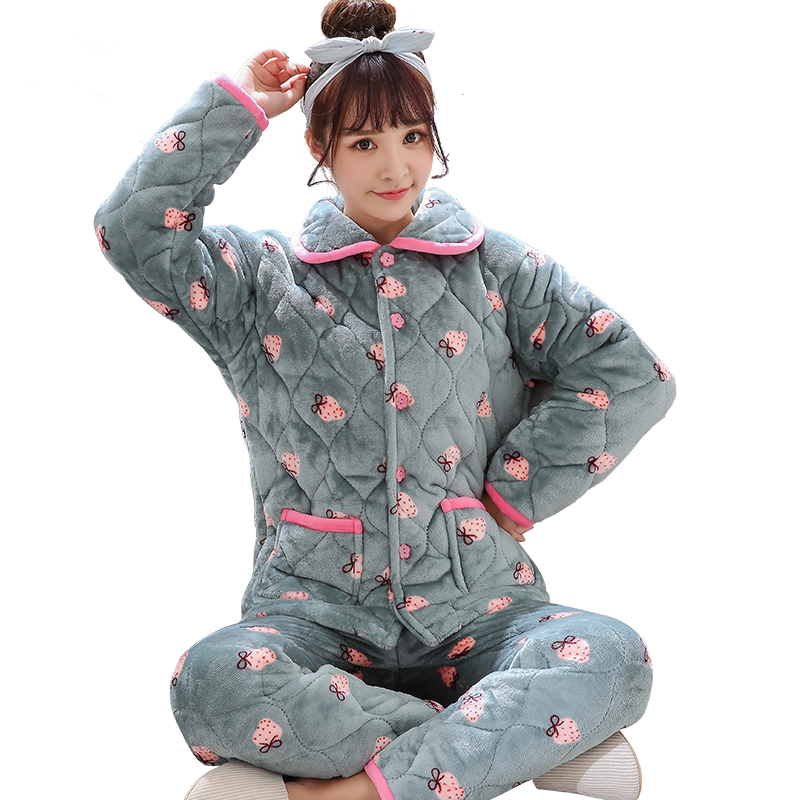 女士三层珊瑚绒甜美可爱天睡衣 荷韵诗睡衣/家居服套装