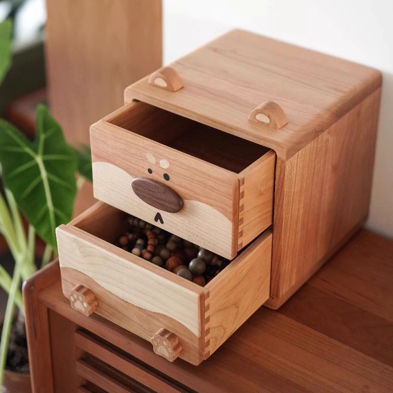 樱桃木小狗收纳盒桌面双抽屉柜子可爱实木质儿童房首饰文具原木风 - 图1