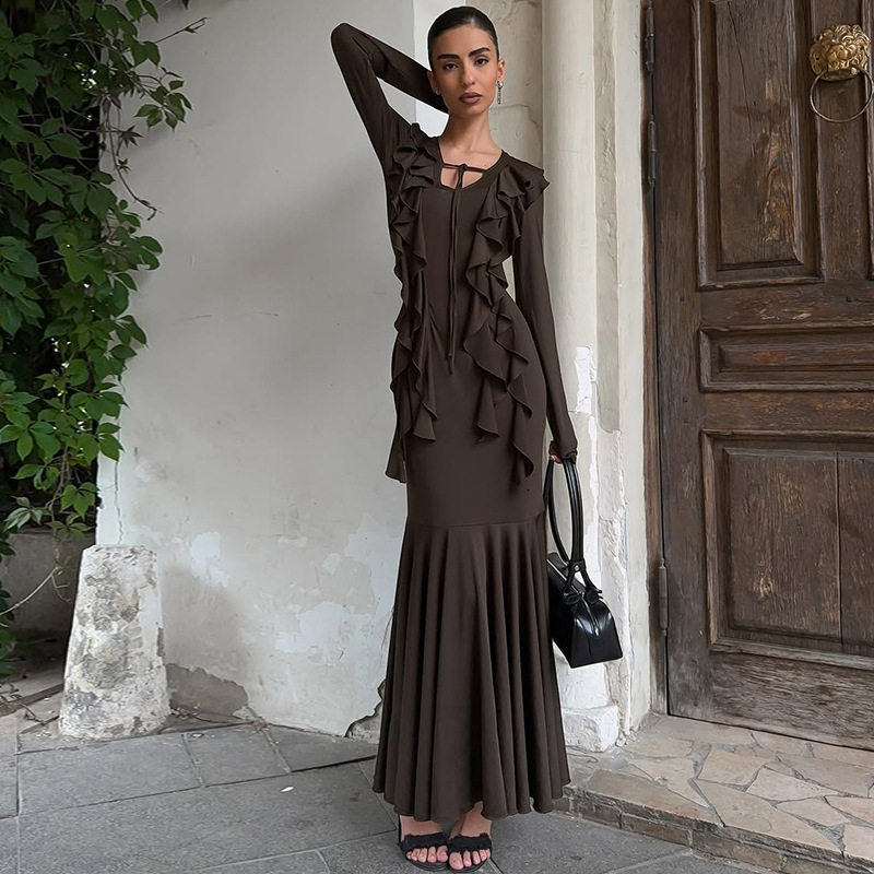 欧美热销女装2025秋季新品时尚荷叶边系带长袖收腰连衣裙外贸