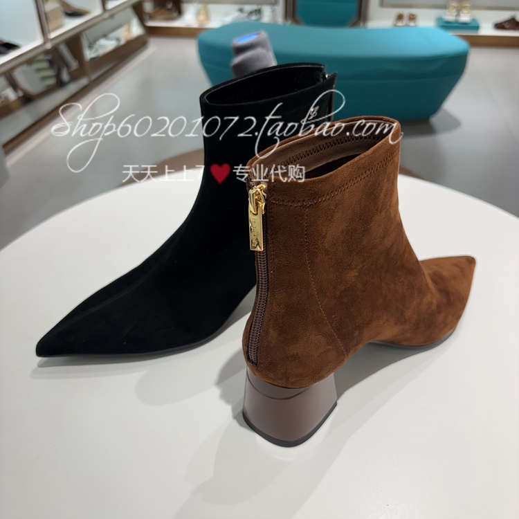 Lesaunda莱尔斯丹2024冬季女鞋通勤尖头粗高跟短靴时装靴5T55703 - 图3