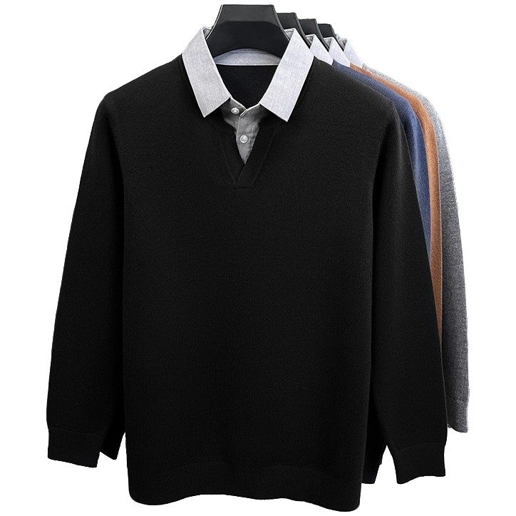 罗蒙男士时尚衬衫领假两件针织衫春秋季新款商务百搭休闲长袖毛衣,淘宝优惠券,粉丝福利购,淘宝优惠卷