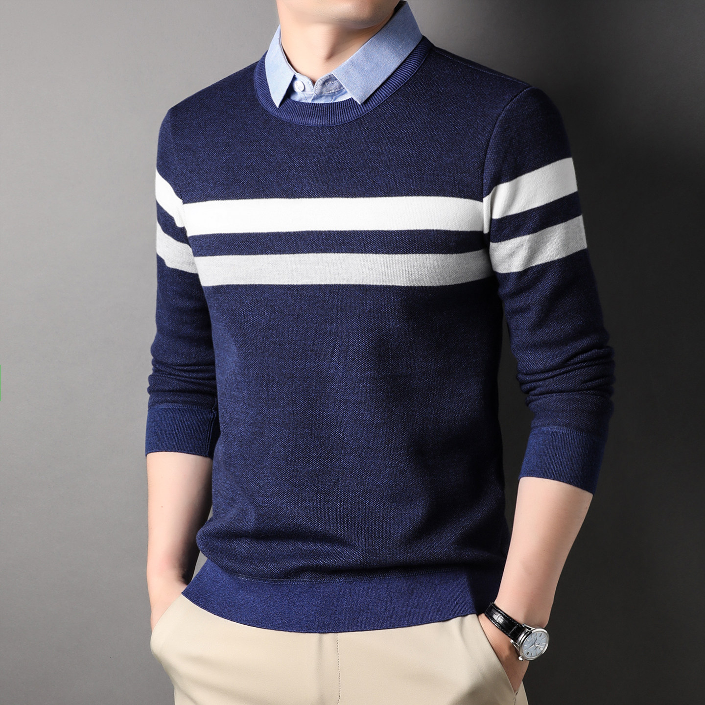 罗蒙男士加绒加厚假两件衬衫领毛衣2025秋冬时尚翻领针织衫上衣服,淘宝优惠券,粉丝福利购,淘宝优惠卷