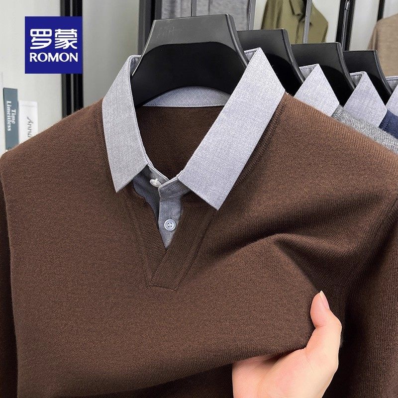 罗蒙男士时尚衬衫领假两件针织衫春秋季新款商务百搭休闲长袖毛衣,淘宝优惠券,粉丝福利购,淘宝优惠卷