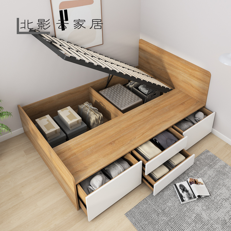 简约现代可定制靠墙单人储物床1.2米软靠抽屉床高箱榻榻米收纳床 - 图0