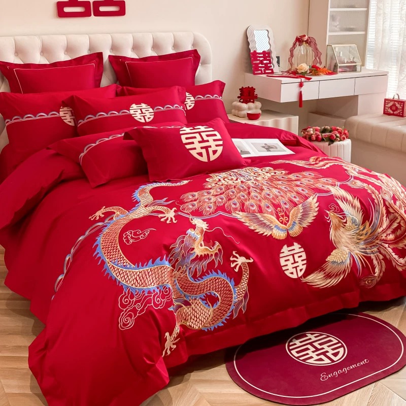 中式龙凤刺绣婚庆四件套大红色床单被套纯棉结婚床上用品婚房陪嫁,淘宝优惠券,粉丝福利购,淘宝优惠卷