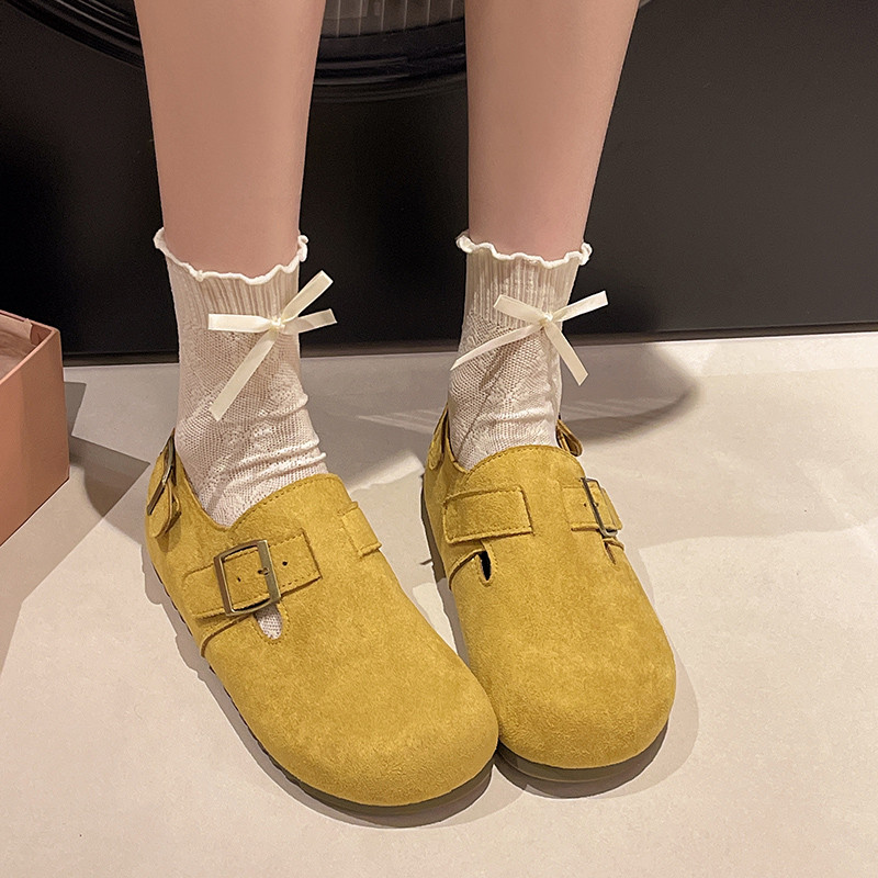 春季反绒皮单鞋女2026新款黄色平底勃肯鞋一脚蹬懒人休闲鞋子软底,淘宝优惠券,粉丝福利购,淘宝优惠卷