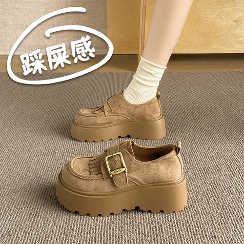 厚底增高勃肯鞋女一脚蹬反绒皮乐福鞋2026秋季新款小个子单鞋34码 - 图1