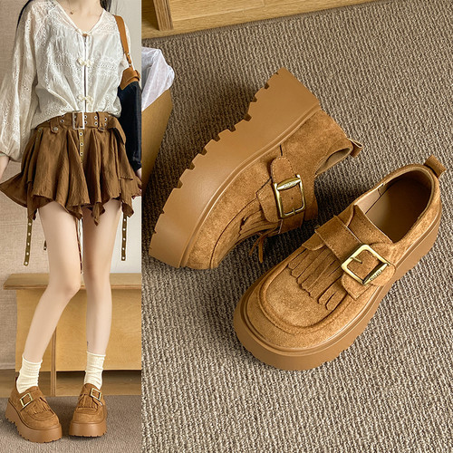 厚底增高勃肯鞋女一脚蹬反绒皮乐福鞋2026秋季新款小个子单鞋34码 - 图0