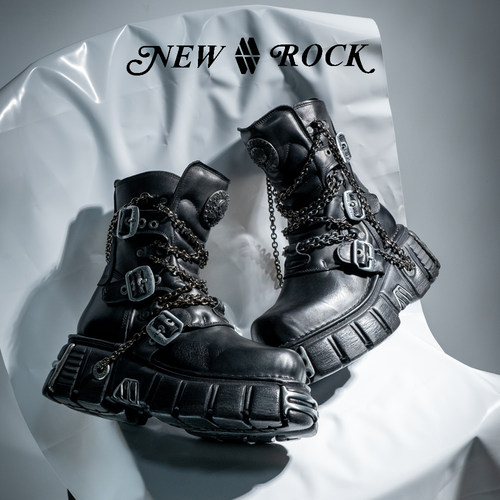 NEWROCK官方正品手工定制复古做旧朋克金属铁链短筒工装厚底鞋 - 图0