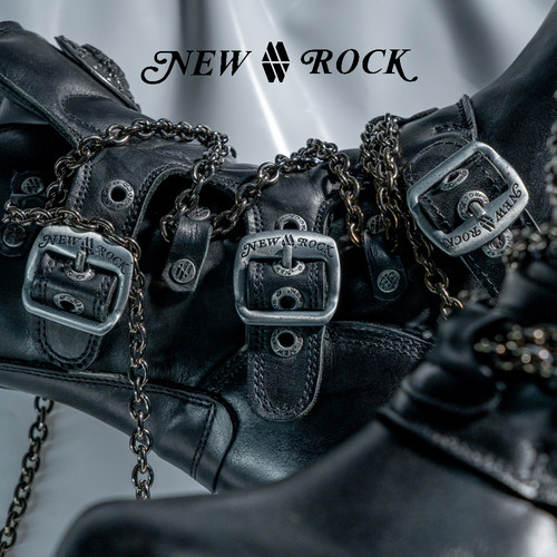 NEWROCK官方正品手工定制复古做旧朋克金属铁链短筒工装厚底鞋 - 图3