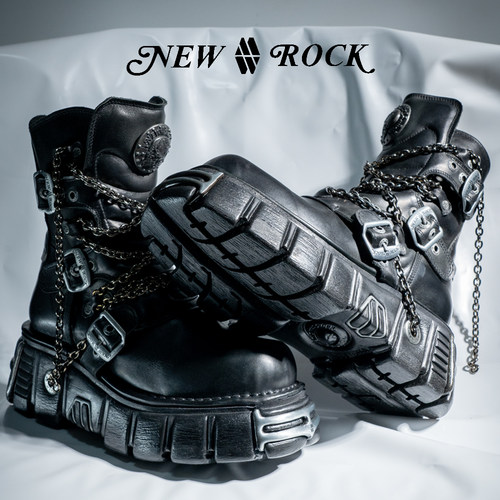 NEWROCK官方正品手工定制复古做旧朋克金属铁链短筒工装厚底鞋 - 图1