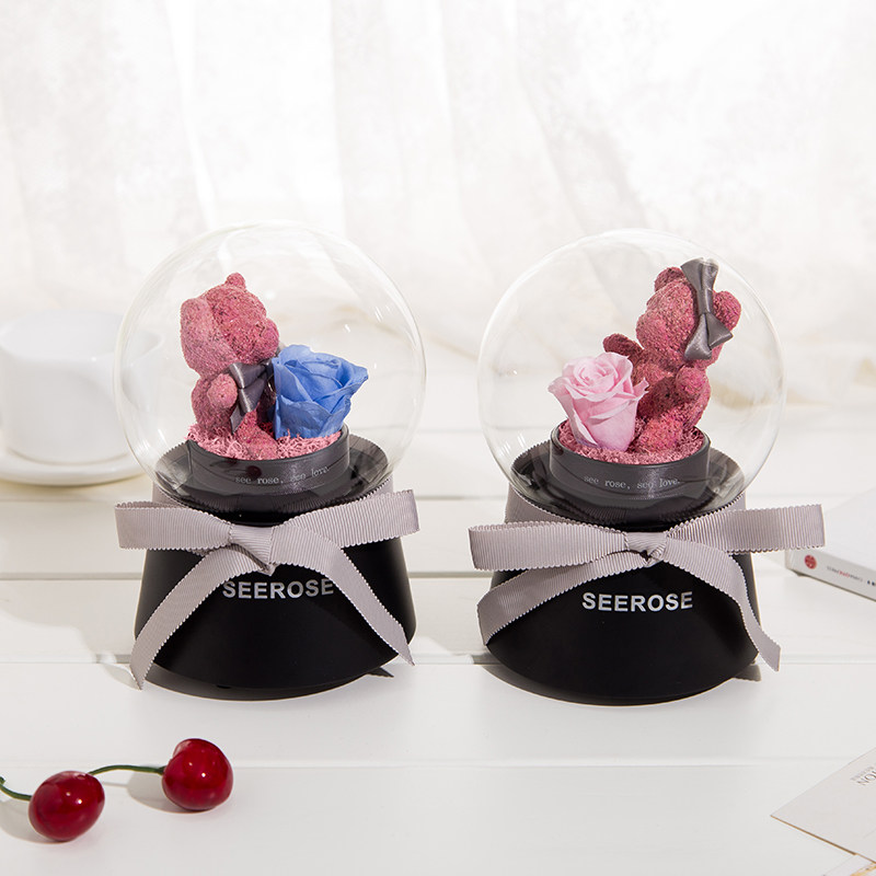 SEEROSE西罗斯音乐盒永生花玻璃罩玫瑰小熊摆件情人节女朋友礼物