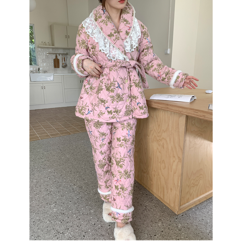 pink grape睡衣冬夹棉加厚女套装甜美公主风加绒宽松可外穿家居服