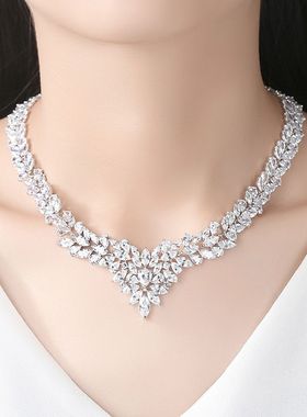 奢华闪钻首饰韩版新娘珠宝饰品冰花项链耳环锆石套装晚宴礼服配饰
