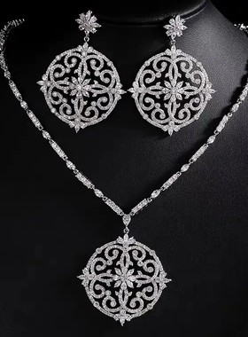 饰品欧美复古新娘项链耳环套装锆石饰品两件套锆石项链锁骨链