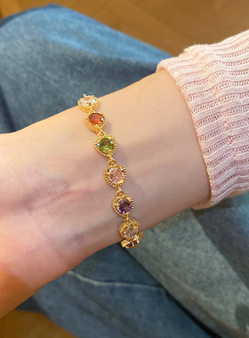 新款女七彩石手链紫色镶爱心潮时尚饰品微镶锆石手环女式饰品手链