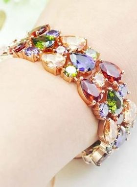 欧美七彩锆石手链宽版玫瑰金手镯不易褪色手链女晚宴会礼服配饰