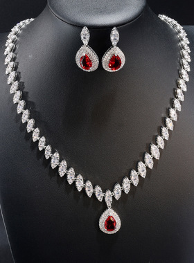 欧美流行新娘套装水滴项链同款锆石流苏耳环婚礼饰品礼服晚宴配饰