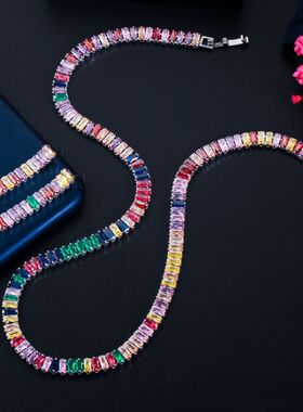 简约彩色锆石项链气质晚宴项链耳环套装女新娘礼服配饰耳坠礼物