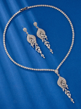 欧美新娘锆石长款s925银耳坠轻奢闪亮显瘦礼服晚宴女耳环项链套装