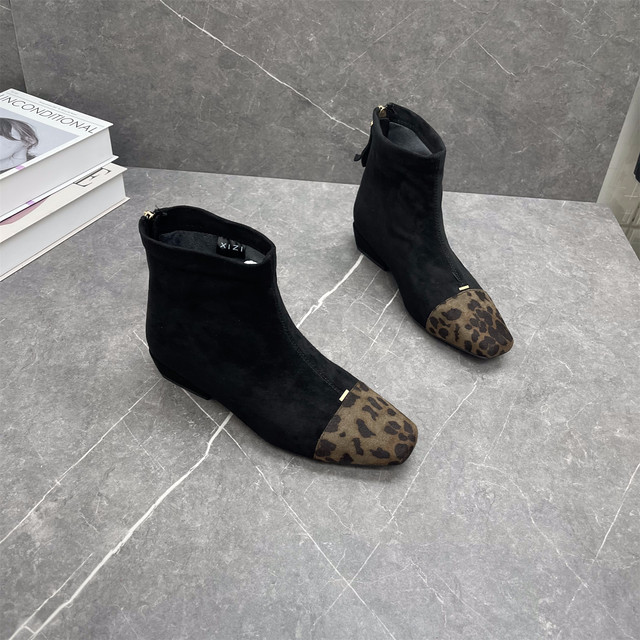 Suede small square toe short boots leopard print fashionable women's boots