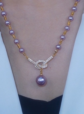紫色珍珠吊坠微镶同心结项链女