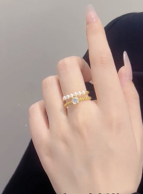 开口可调节珠珠锆石双圈戒指女