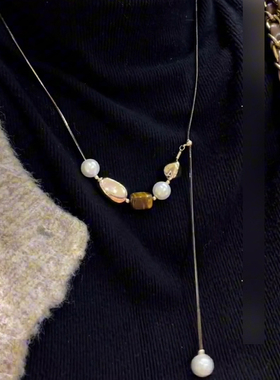 珍珠几何拼接项链女可调节毛衣链