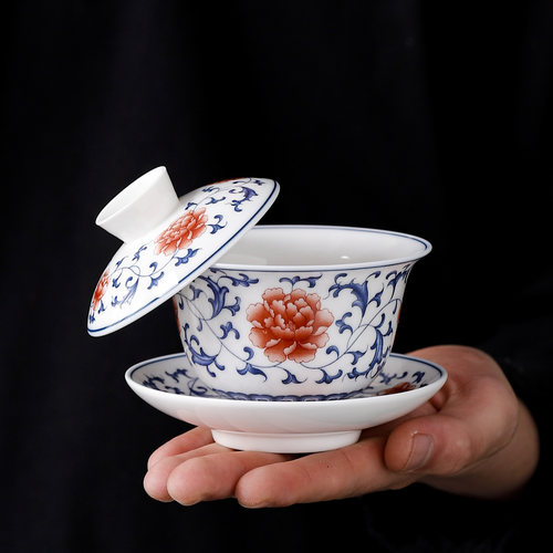 青花瓷三才陶瓷盖碗复古茶碗茶杯高档功夫茶具家用泡茶盖碗 - 图3