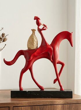 现代轻奢骑马人物雕塑摆件客厅玄关书房桌面艺术软装装饰品