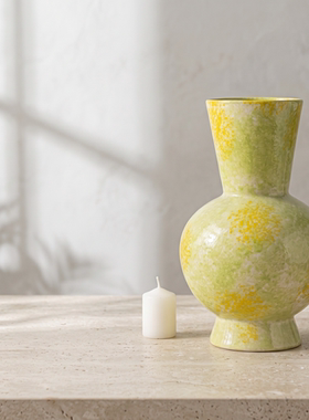 黄绿色窑变陶瓷花瓶花器客厅玄关餐边柜中古风家居软装装饰品