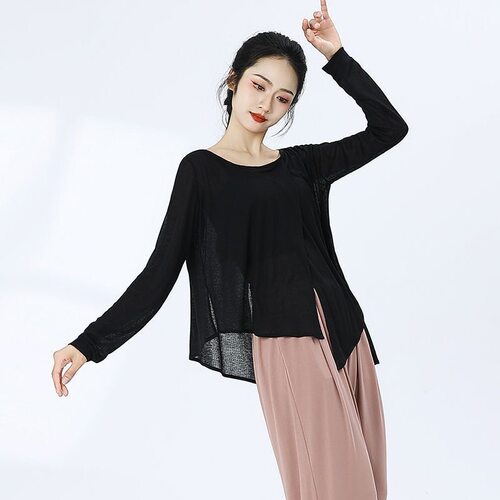 2025新款古典舞蹈练功服显瘦黑色纱衣女飘逸演出服现代舞宽松上衣 - 图0