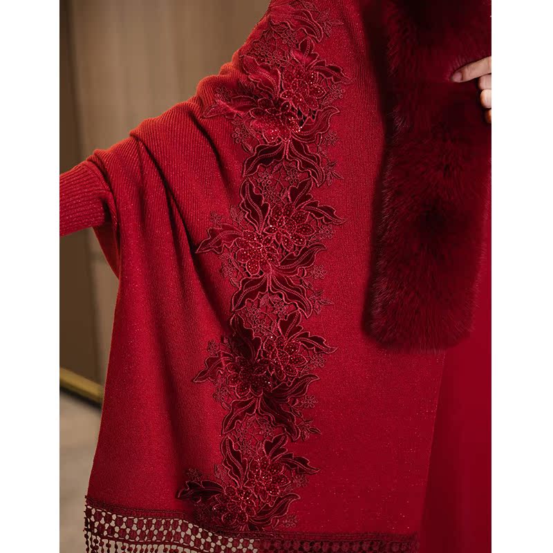 喜婆婆婚宴装旗袍冬季加绒加厚披肩妈妈礼服外套外搭红色高端斗篷 - 图3