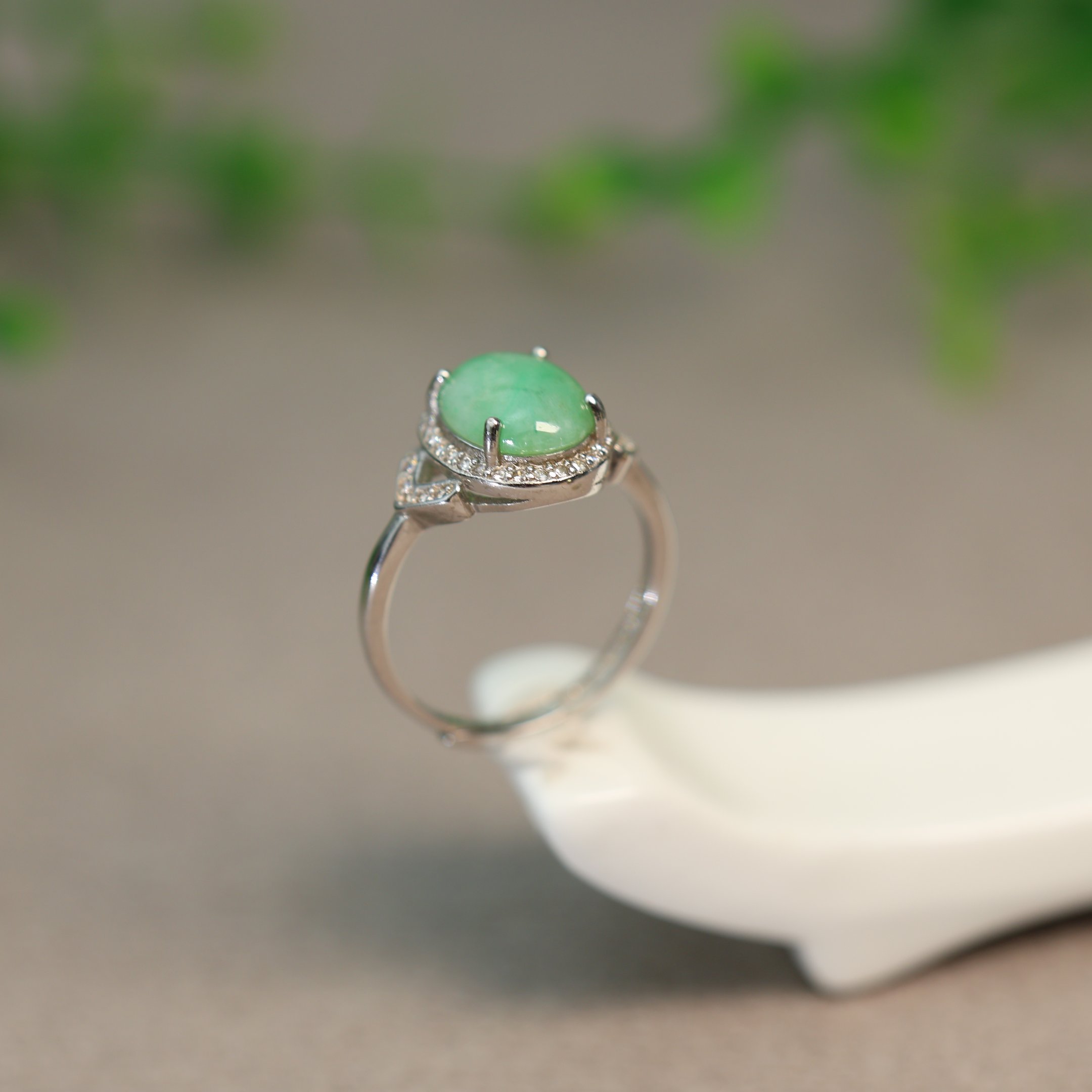 Burmese natural grade A jadeite oval cabochon ring