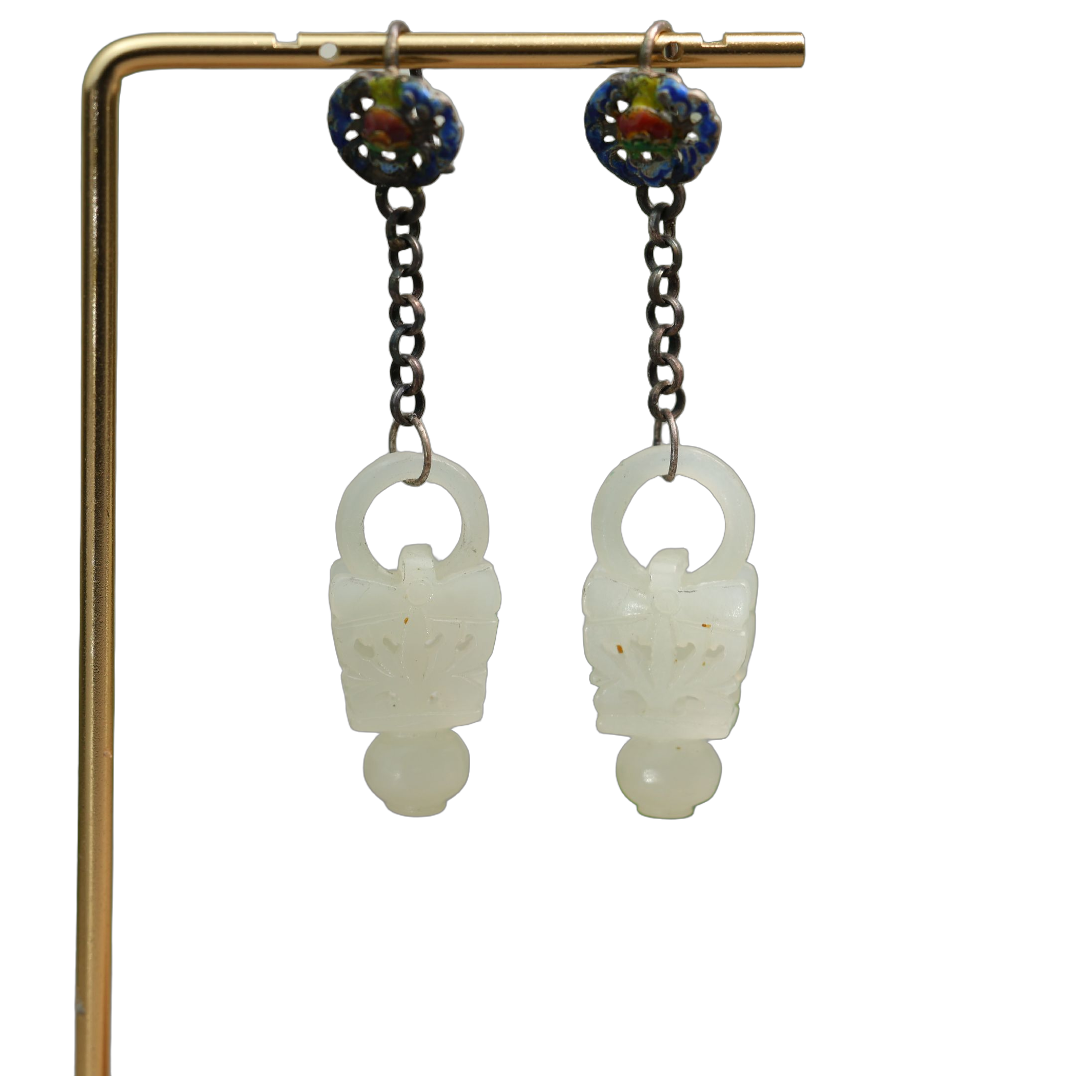 #K343老银烧蓝镶嵌和田白玉镂空花篮耳坠中国古风耳钩款耳饰,淘宝优惠券,粉丝福利购,淘宝优惠卷