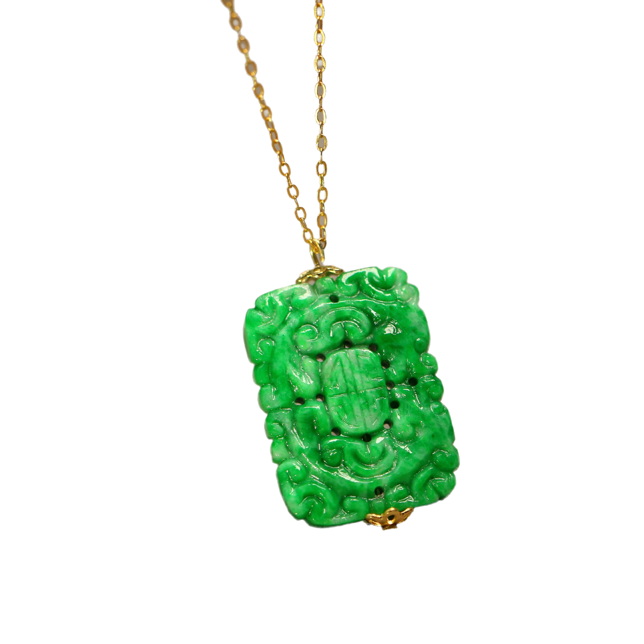#C945满色辣绿天然A货翡翠方牌吊坠 镂空双龙捧寿方形锁骨链挂坠 - 图3