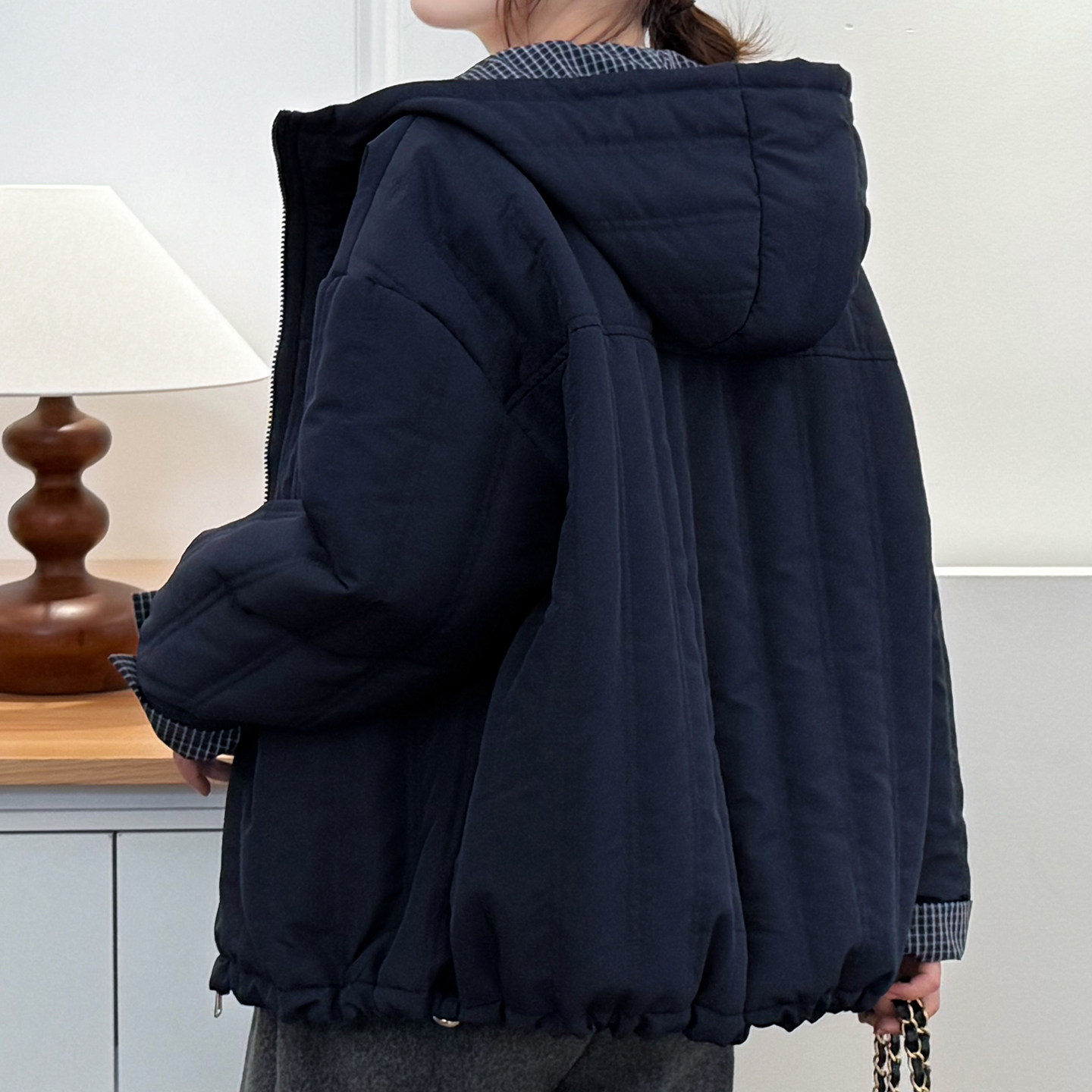 冬季大码连帽夹棉外套加厚保暖短款棉衣胖mm遮肉显瘦格纹夹克上衣,淘宝优惠券,粉丝福利购,淘宝优惠卷