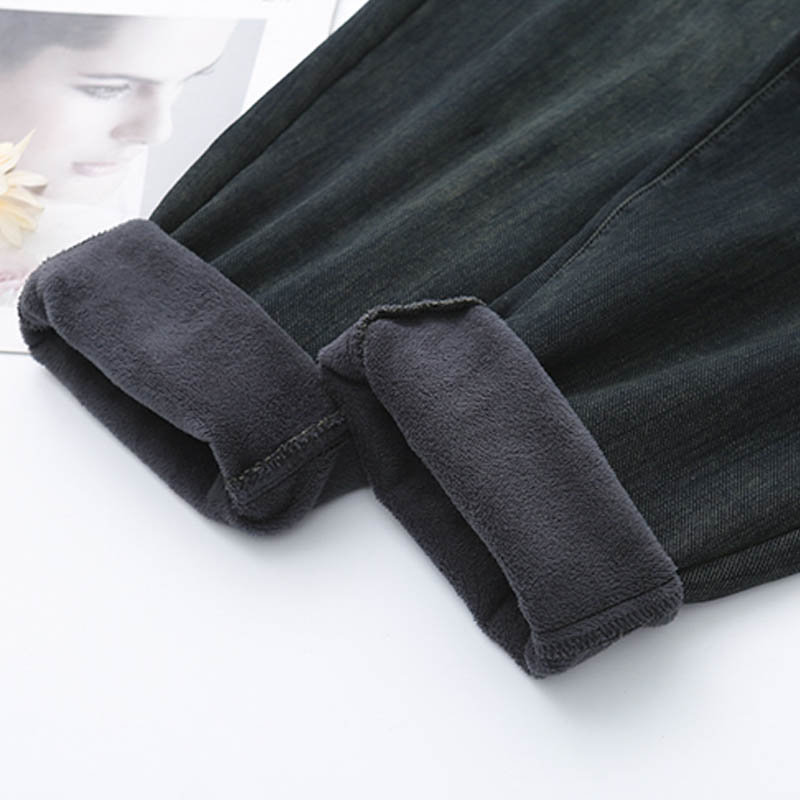 大码女装秋冬加绒牛仔裤女时尚高腰显瘦哈伦裤胖妹妹宽松老爹裤冬 - 图3