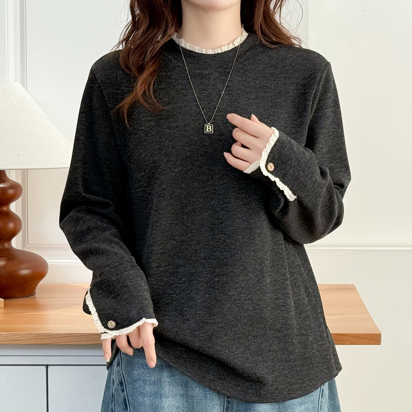 2025秋冬大码女装拼接花边领加绒打底衫胖mm遮肚显瘦长袖T恤上衣,淘宝优惠券,粉丝福利购,淘宝优惠卷