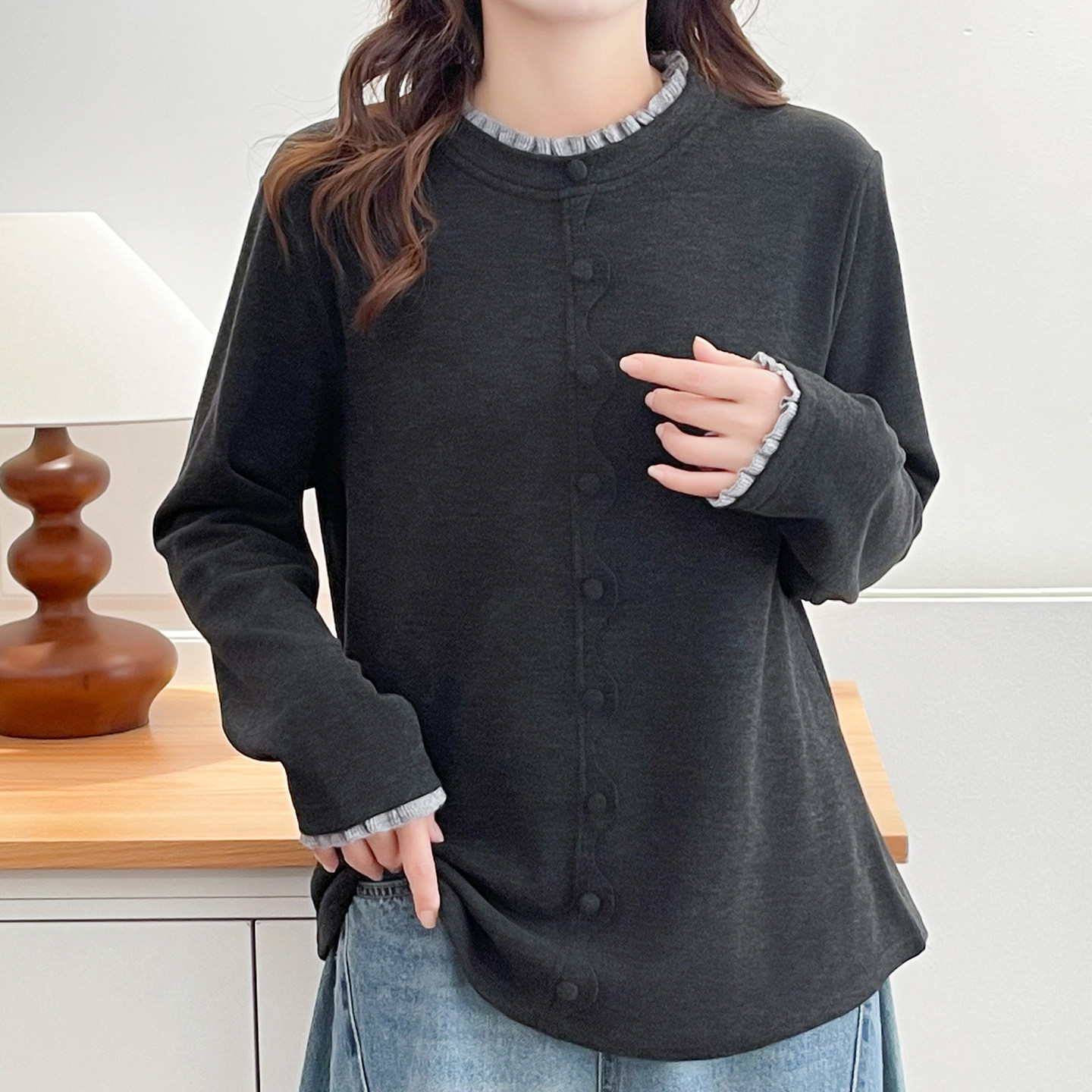 大码女装荷叶边时尚减龄温柔风打底衫胖mm撞色花边保暖加厚上衣韩,淘宝优惠券,粉丝福利购,淘宝优惠卷