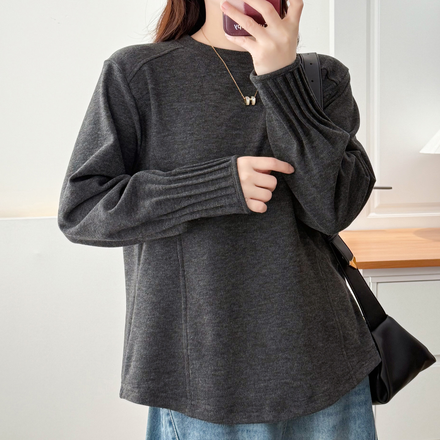 正肩百搭长袖打底衫秋冬半高领大码女装胖mm遮肉显瘦收褶袖口上衣,淘宝优惠券,粉丝福利购,淘宝优惠卷