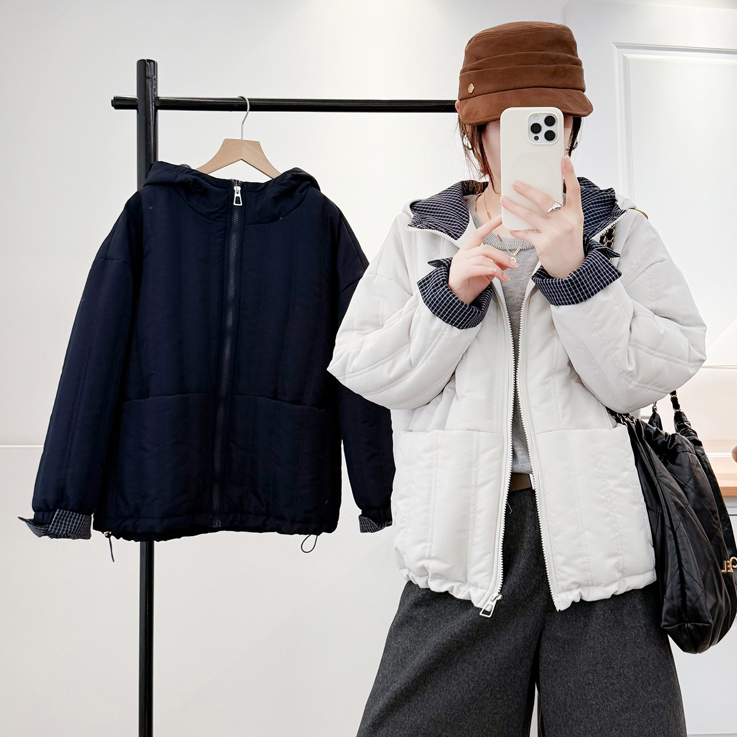 冬季大码连帽夹棉外套加厚保暖短款棉衣胖mm遮肉显瘦格纹夹克上衣,淘宝优惠券,粉丝福利购,淘宝优惠卷