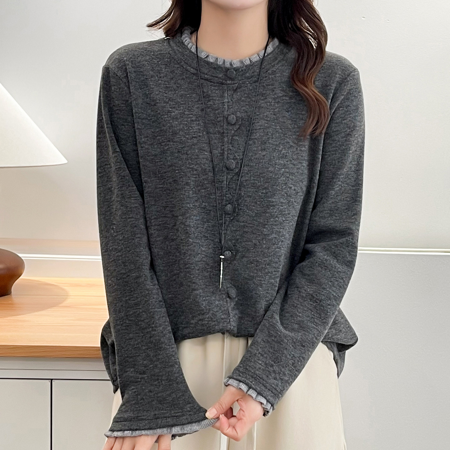 大码女装荷叶边时尚减龄温柔风打底衫胖mm撞色花边保暖加厚上衣韩,淘宝优惠券,粉丝福利购,淘宝优惠卷