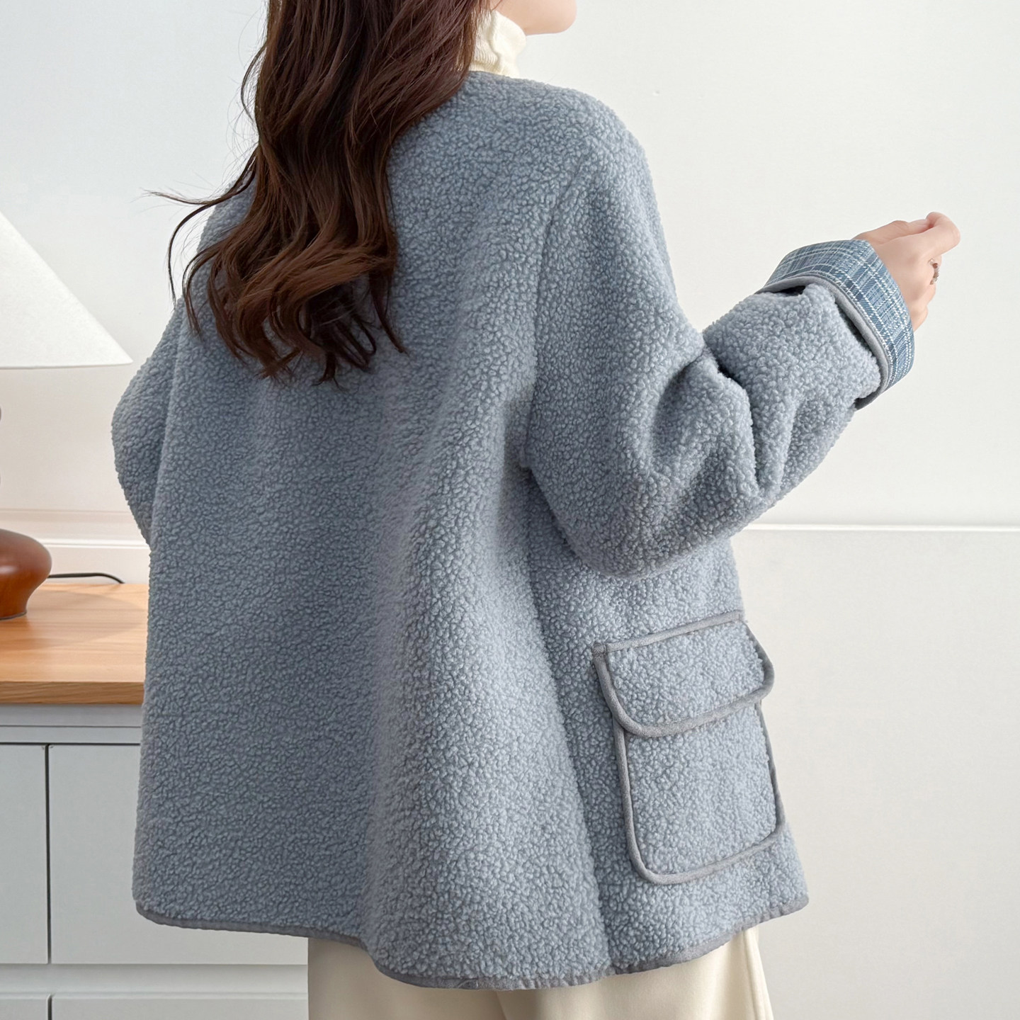 韩系无领羊羔毛外套200斤胖mm大码撞色格子保暖开衫藏肉显瘦棉衣,淘宝优惠券,粉丝福利购,淘宝优惠卷