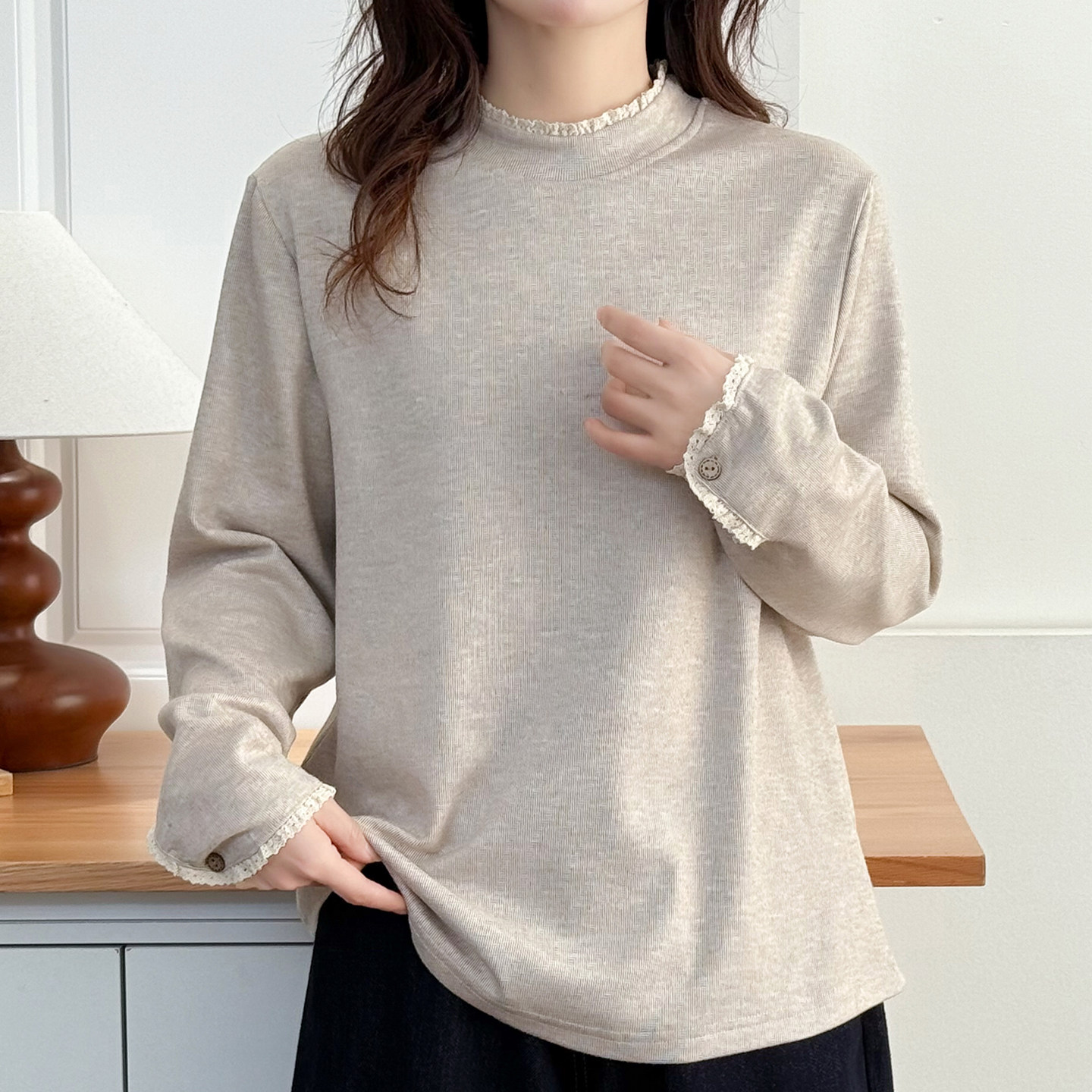2025秋冬大码女装拼接花边领加绒打底衫胖mm遮肚显瘦长袖T恤上衣,淘宝优惠券,粉丝福利购,淘宝优惠卷