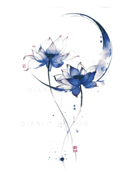 月亮与莲花彩色纹身贴国风彩绘贴