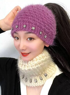 秋冬保暖头巾包头帽子女毛线帽头套女针织帽宽边护额遮白发发带帽