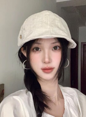 春夏复古纯色棉麻鸭舌前进帽子女显脸小轻薄透气个性贝雷帽报童帽