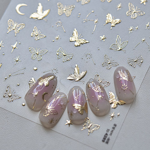 烫金星月蝴蝶美甲贴纸tomoni浮雕5d日系月亮星星芒指甲贴纸装饰品 - 图0